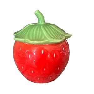Vtg Teleflora Ceramic Strawberry Red Shaped Leafy Green Lid Jar 3D Effect